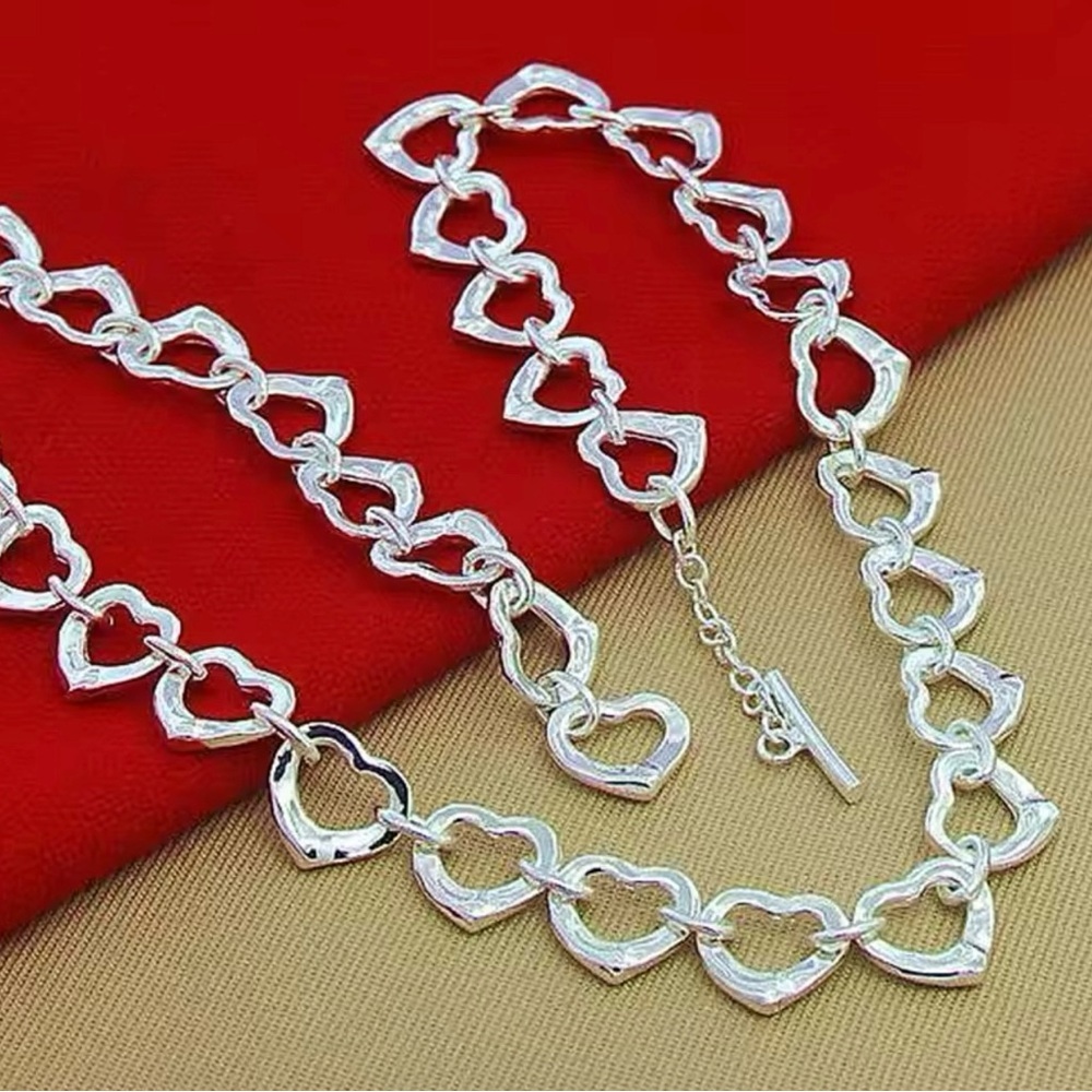 Sterling Silver Plated Heart Charm Silver Necklace - Picture 3 of 5